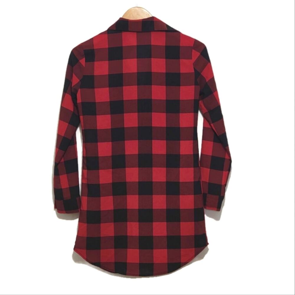 BB Dakota Buffalo Plaid Button Down Tunic Shirt Red Black XS Preppy - Picture 8 of 13